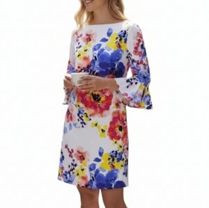 Tahari ASL Dress Size 6 White Blue Pink Yellow Floral 3/4 Bell Sleeves Lined